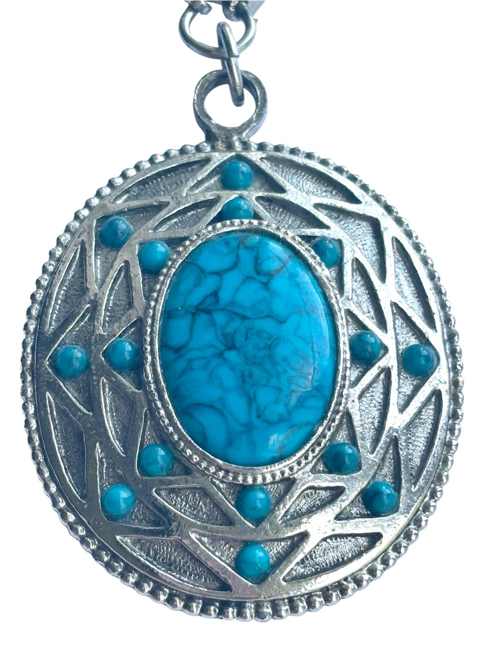 Vintage Whiting & Davis Victorian Revival Faux Turquoise Pendant Necklace 70s